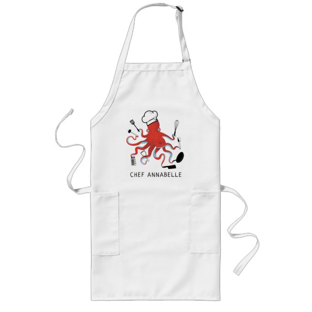 Orange Octopus Chef personalize Long Apron Långt Förkläde (Framsidan)