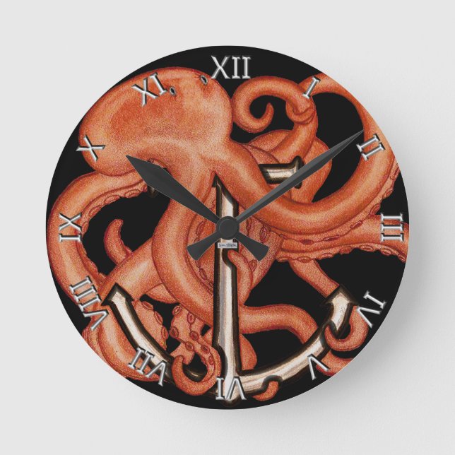 Orange, oktopus över ankare rund klocka (Framsida)