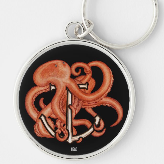Orange, oktopus över ankare rund silverfärgad nyckelring (Framsidan)