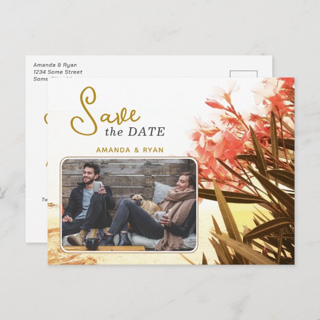 Orange Oleander Blomma Foto Bröllop Spara Datum Meddelande Vykort (Fram/baksida)