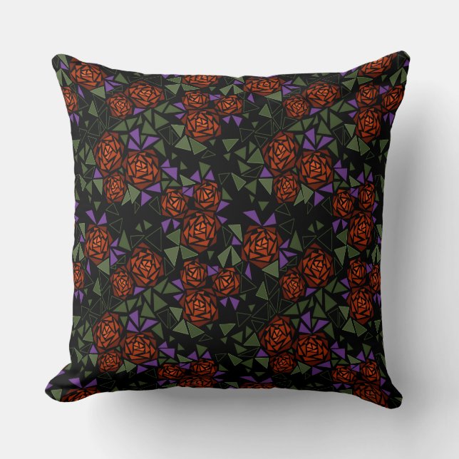 orange olive black mosaic floral pattern retro kudde (Framsida)
