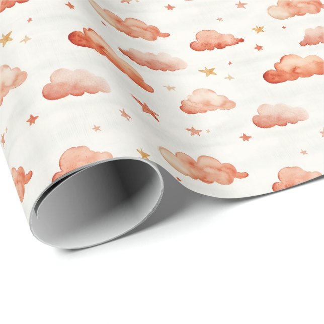 Orange Ombre Clouds & Stars Presentpapper (Rullad Hörn)