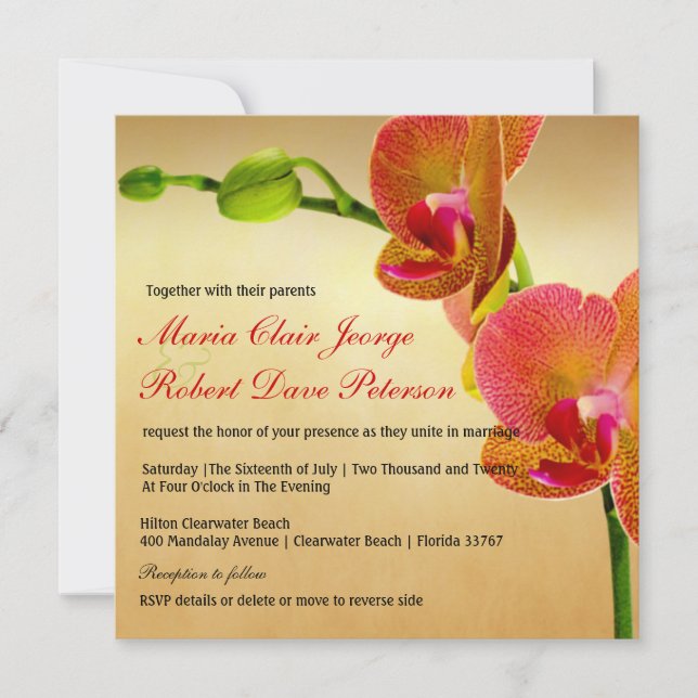 Orange Orchids Tropical Beach Destination Wedding Inbjudningar (Framsida)