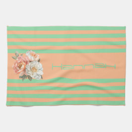 Orange överst med Blommigten Mint Rand Kökshandduk