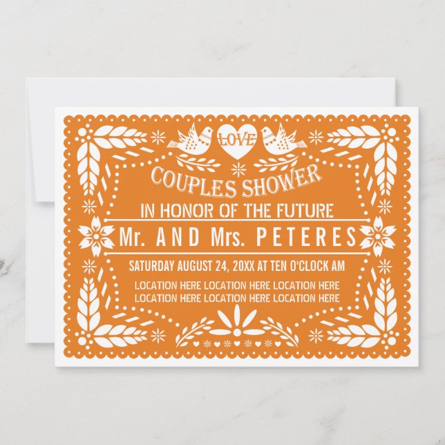 Orange papel picado bröllopspar brudvisning inbjudningar (Framsida)