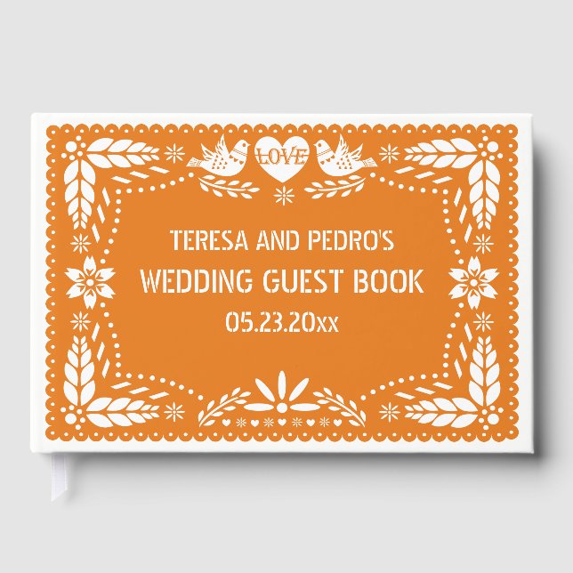 Orange papel picado love birds bröllop gäst bok (Framsida)