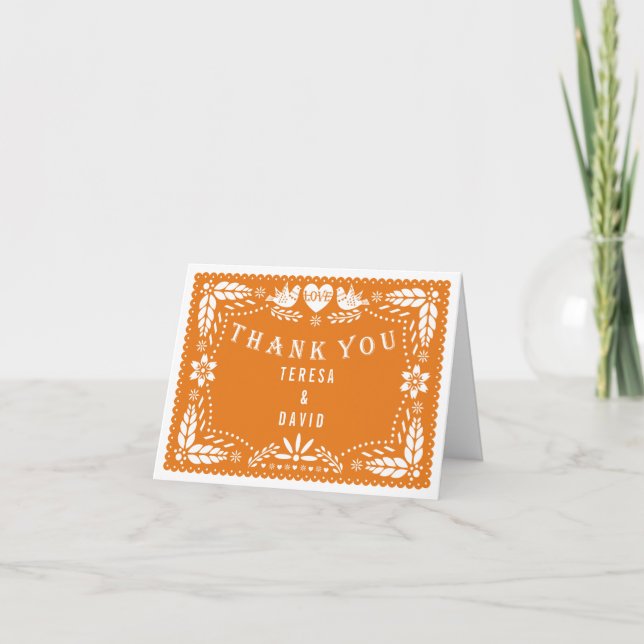 Orange papel picado love birds bröllop Tack Kort (Framsida)