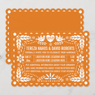 Orange papel picado love birds fiesta bröllop inbjudningar