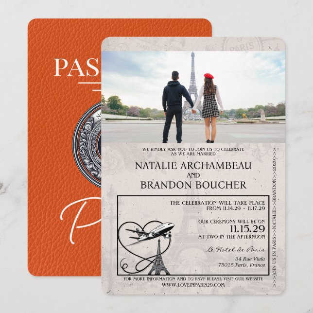 Orange Paris Passport Bröllop Inbjudningar (Fram/baksida)