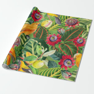 Orange Parrots i Tropical Flower Jungle Mönster Presentpapper
