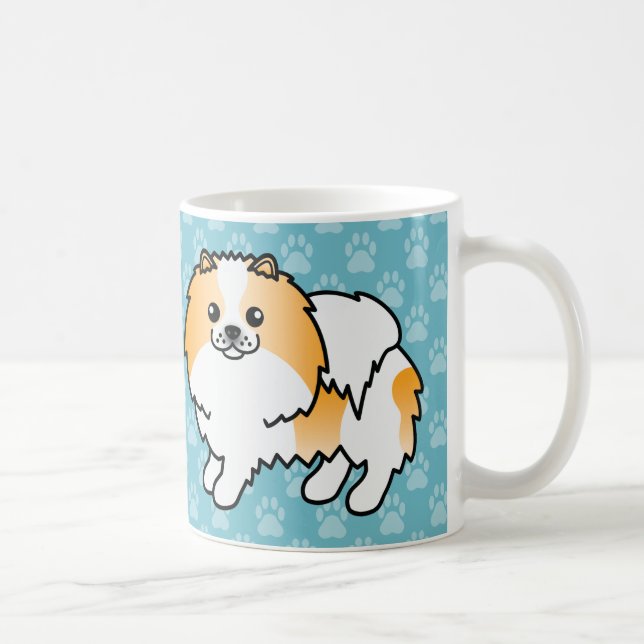 Orange Parti-Färgad Pomeranian Hund På Blå Kaffemugg (Höger)