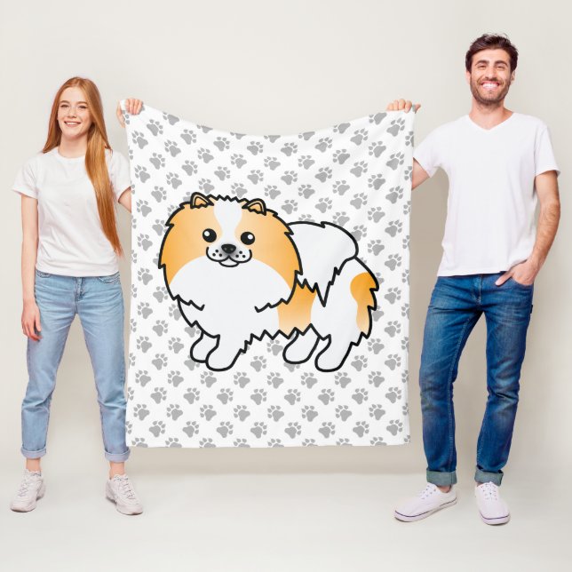 Orange Parti-Färgad Pomeranian Söt Hund & Tass Fleecefilt (På plats)