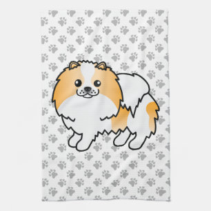 Orange Parti-Färgad Pomeranian Tecknad Hund & Tass Kökshandduk