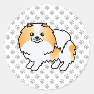 Orange Parti-Färgad Pomeranian Tecknad Hund & Tass Runt Klistermärke