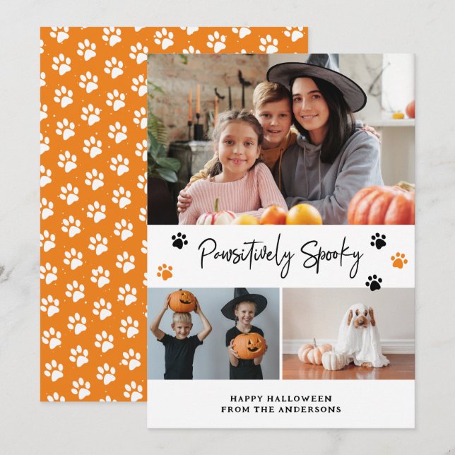 Orange Pawsitive Spooky Pet Photo Halloween Card Julkort (Fram/baksida)