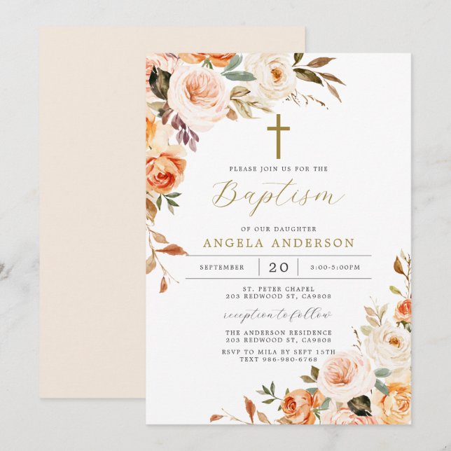 Orange Peach Baptism/Christening-inbjudan Inbjudningar (Fram/baksida)