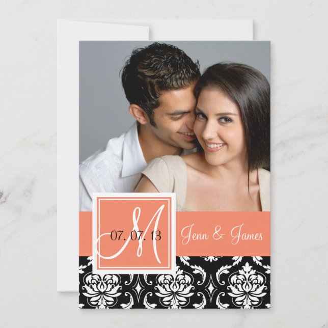 Orange Peach Black Damask Photo Save Date Spara Datumet (Framsida)
