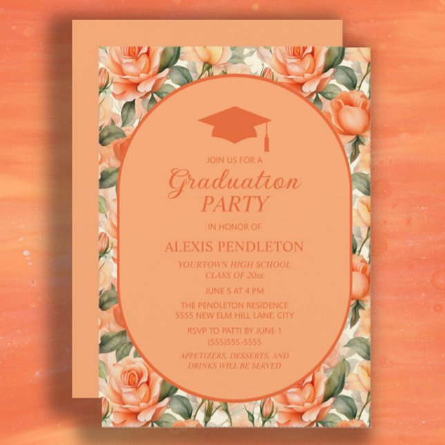 Orange Peach Blommigt High School Studentmössa Inbjudningar (Orange and peach-colored floral graduation party invitation)