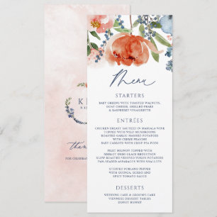 Orange Peach Dusty Blue Garden Blommigt Bröllop Meny