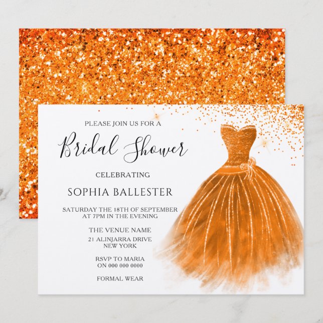 Orange Peach Glitter Gown Dress Möhippa Inbjudningar (Fram/baksida)