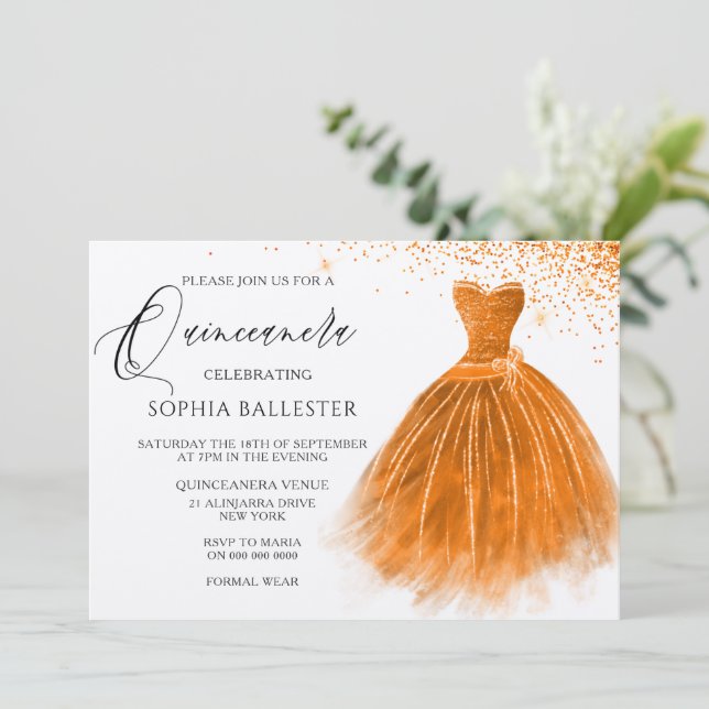 Orange Peach Glitter Gown Dress Quinceanera Party Inbjudningar (Stående Fram)