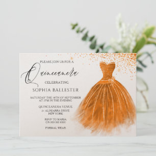 Orange Peach Glitter Gown Dress Quinceanera Party Inbjudningar
