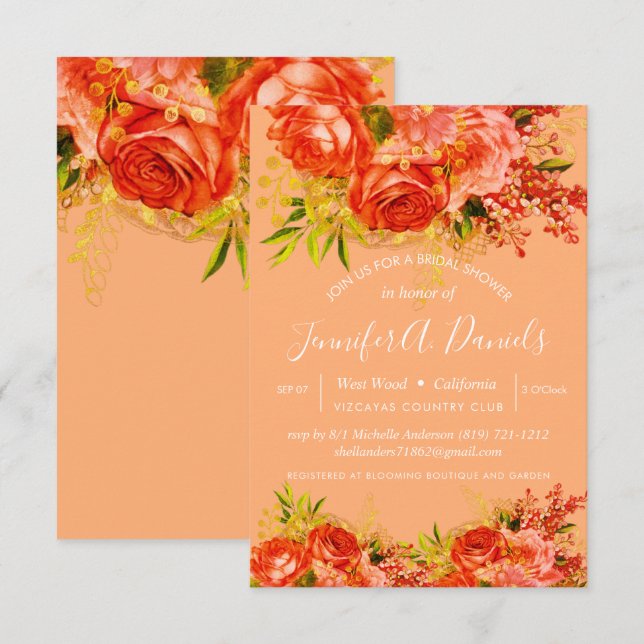 Orange Peach Gold Foil Rosor Möhippa Inbjudningar (Fram/baksida)