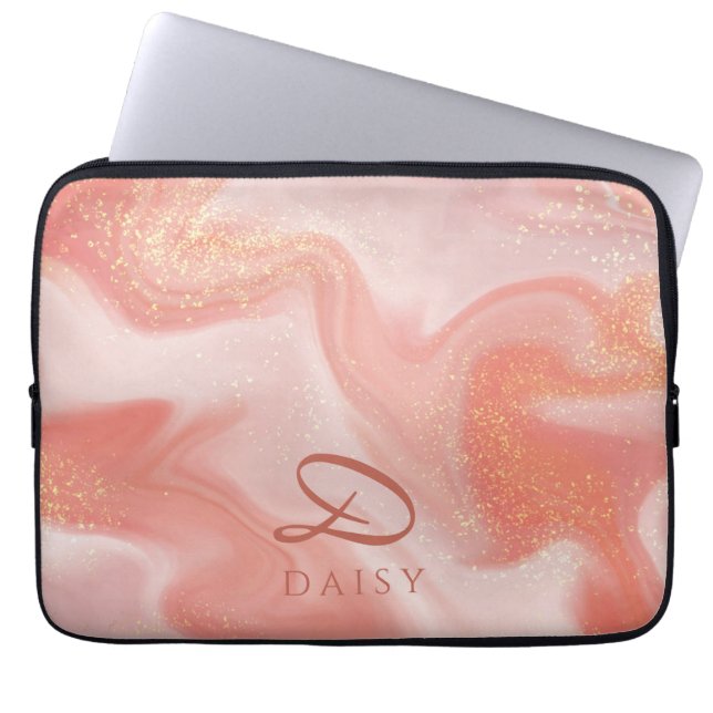 Orange Peach Guld Glitter Marble Anpassade Laptop Fodral (Framsidan)