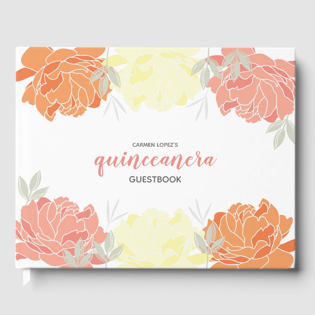Orange Peach Gult Peonies Quinceanera Guestbook Gästböcker (Framsida)