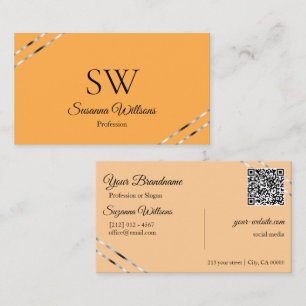 Orange Peach med Silverlinjer Monogram QR-kod Visitkort
