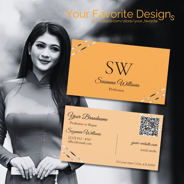 Orange Peach med Silverlinjer Monogram QR-kod Visitkort (Skapare uppladdad)