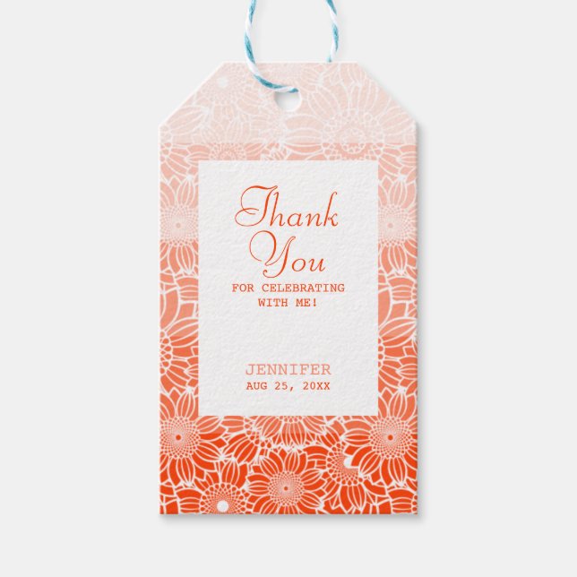 Orange Peach Rand Blommigt Birthday Tack Presentetikett (Framsidan)