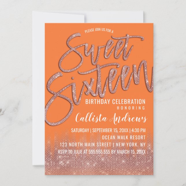 Orange Peel Ro Guld Glitter Typografi Söt 16 Inbjudningar (Framsida)