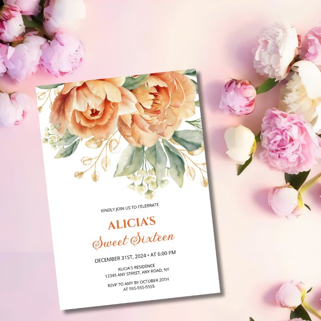 Orange Peony Guld Löv Greenery 16:e födelsedagen Inbjudningar (Skapare uppladdad)