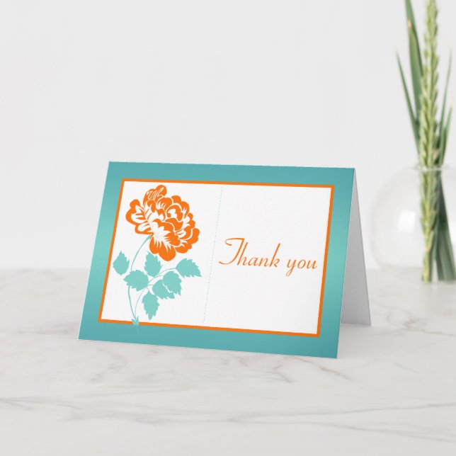Orange Peony på Vit och Turkos Tacksamhetskort Tack Kort (Framsida)