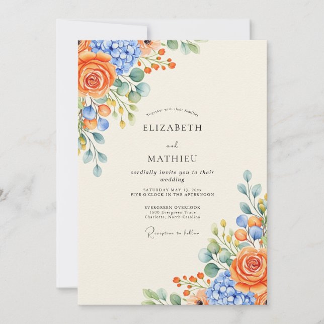 Orange Periwinkle Vivid Floral Wedding Inbjudningar (Framsida)