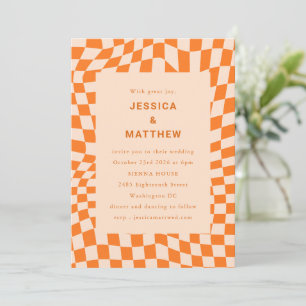 Orange Persika Vågig Rutig Retro Bröllop Inbjudningar