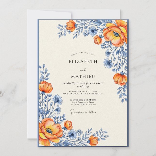 Orange Picturesque Wildflower Wedding Inbjudningar (Framsida)