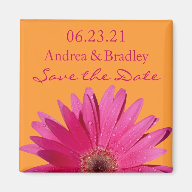 Orange Pink Gerbera Daisy Wedding Save the Date Magnet (Framsidan)