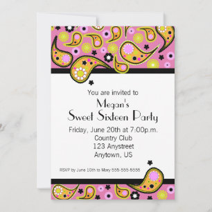 Orange & Pink Paisley Sweet Sixteen-fest Invitatio Inbjudningar