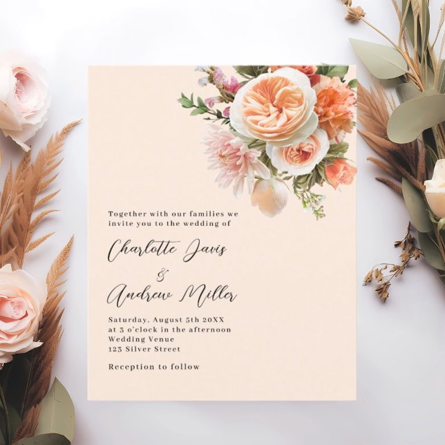 Orange pink peach florals wedding invitation (Skapare uppladdad)
