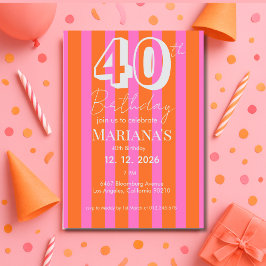 Orange Pink Stripes Modern Scripted Birthday Inbjudningar