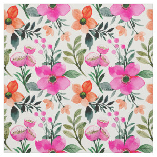 Orange Pink Vattenfärg Blommor Gröna blad Vita Tyg