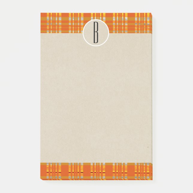 Orange Plaid & Brun Kraft Rustik Monogram Initialb Post-it Block (Framsida)
