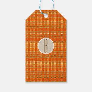 Orange Plaid & Brun Kraft Rustik Monogram Initialb Presentetikett