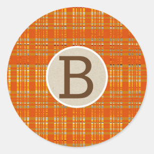 Orange Plaid & Brun Kraft Rustik Monogram Initialb Runt Klistermärke