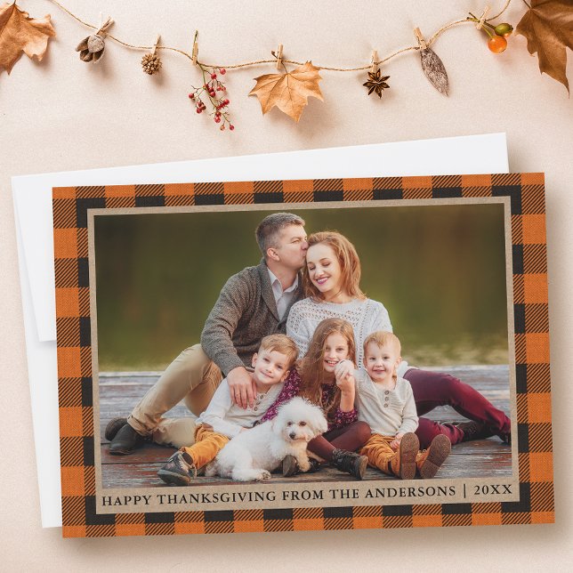 Orange Play Happy thanksgiving Kraft Family Photo Julkort (Customize to change text size or text style.)