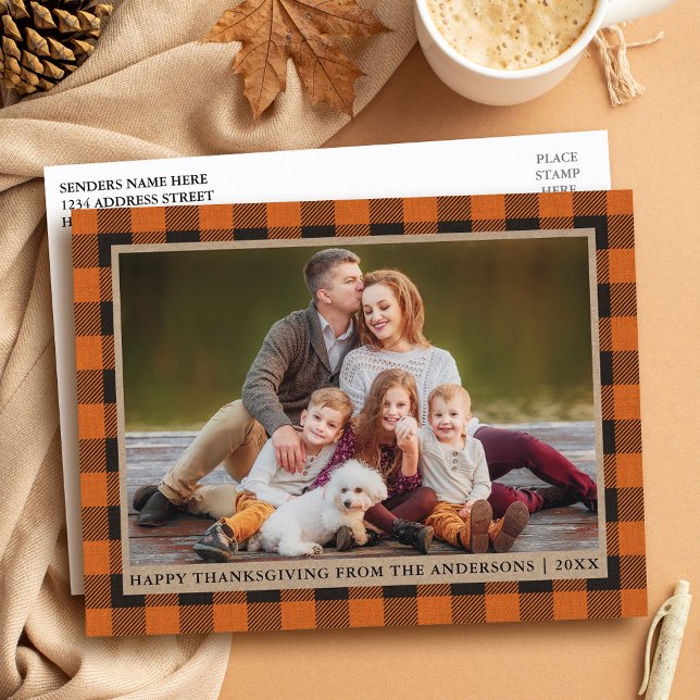 Orange Play Kraft Family Photo Happy thanksgiving Vykort (Customize to change text size or text style.)