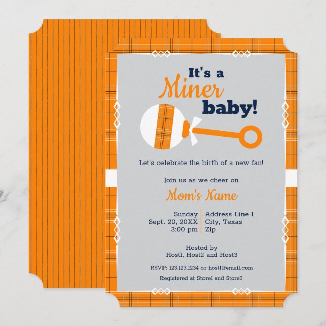 Orange Play Miner Baby Shower Inbjudningar (Fram/baksida)