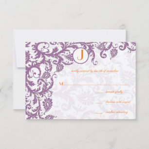 Orange Plommon Damask Monogram Bröllopsinbjudan Inbjudningar